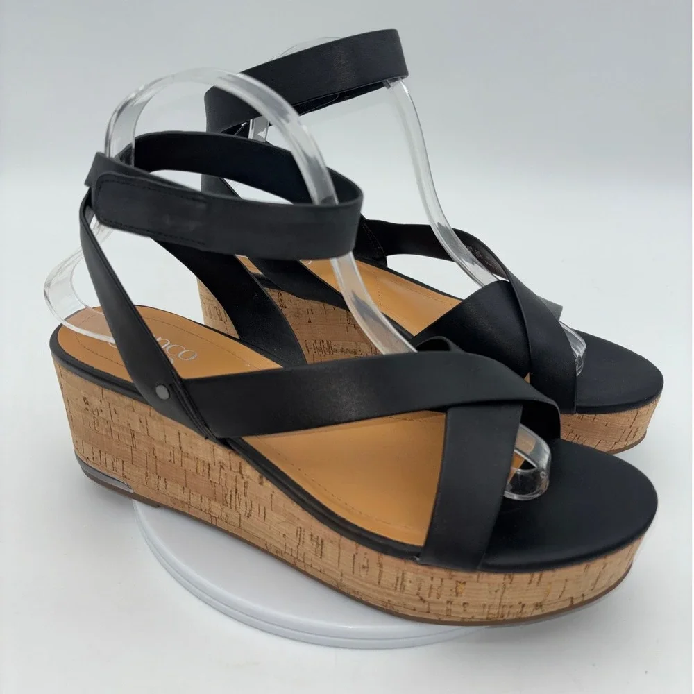 FRANCO‎ SARTO Black Wedge Shoe Sandal Heel Patty Women Strappy Cork Platform 9